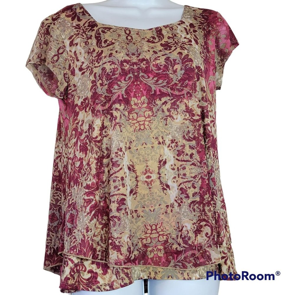 Notions Women's Small Red & Tan Tapestry Print Layered Knit Top EUC